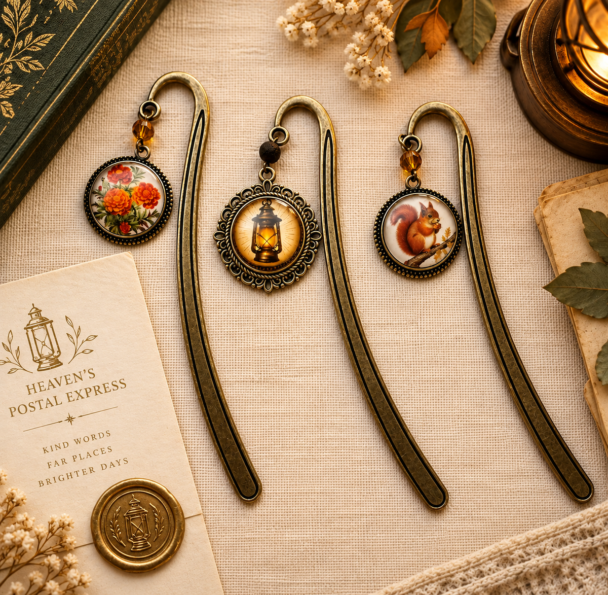 Glass Cabochon Aged Bronze Book Hooks from the Station